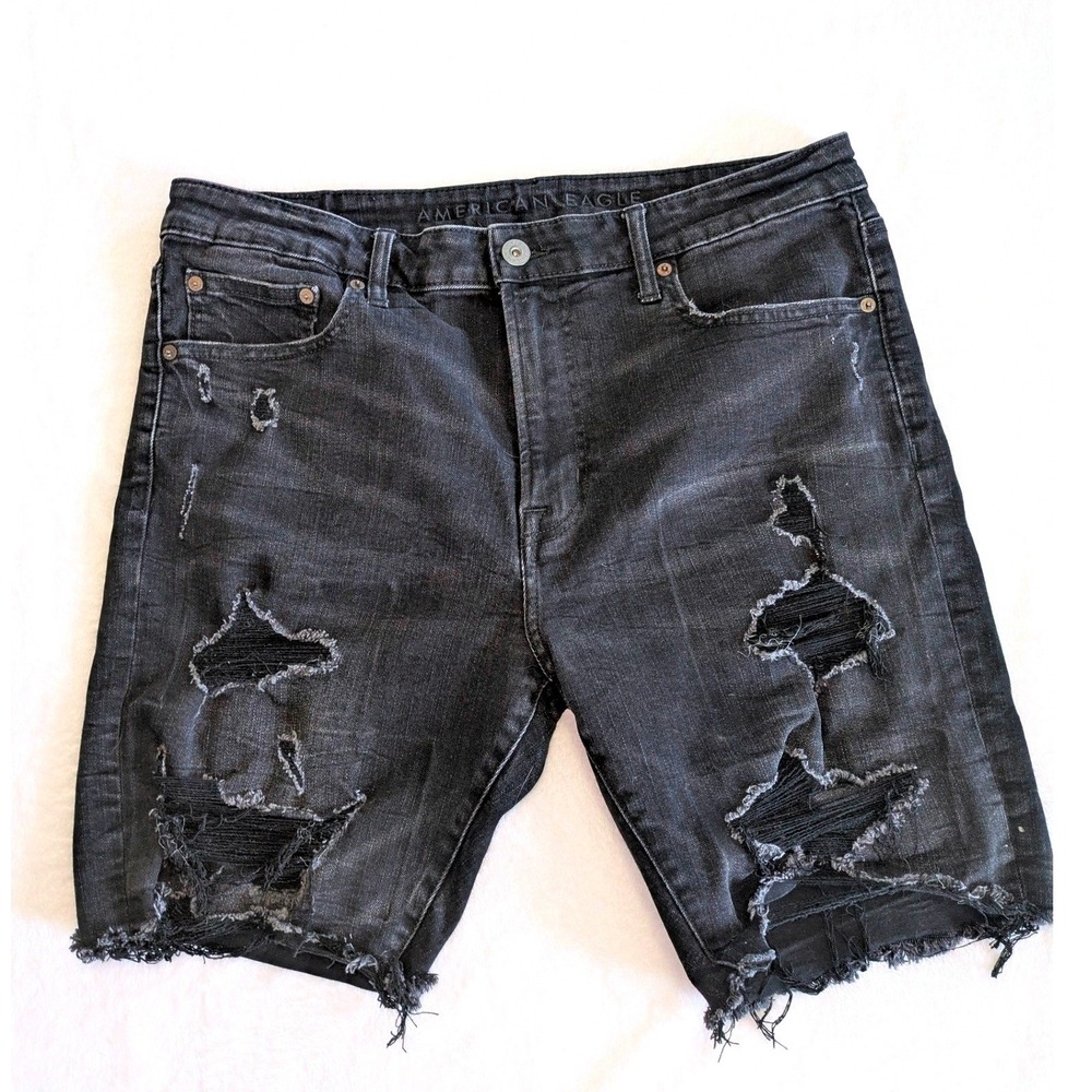 American Eagle Flex Denim Shorts Women 36 Black Distressed Ripped Raw Hem Slim
